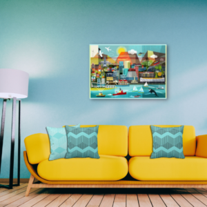 City Art Print: Wellington by Ellen Giggenbach With Hexagon Patterned Turquoise Throw Pillows