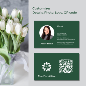 Green Florist Photo Business Card, White Custom Blossom Logo, QR code