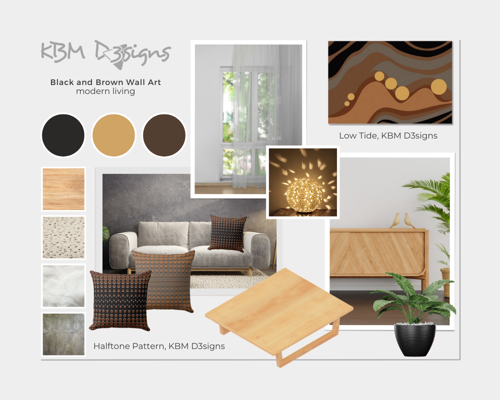 Abstract Low Tide Art Print and Halftone Patterned Pillows, For a Mood Board of Modern Living Using Brown, Black and Neutral Colors