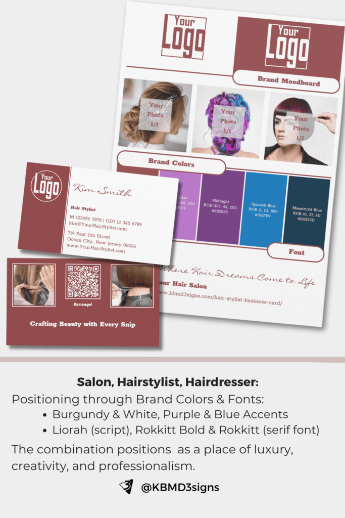 Salon, Hairstylist, Hairdresser: Brand style guide collage, Burgundy & White