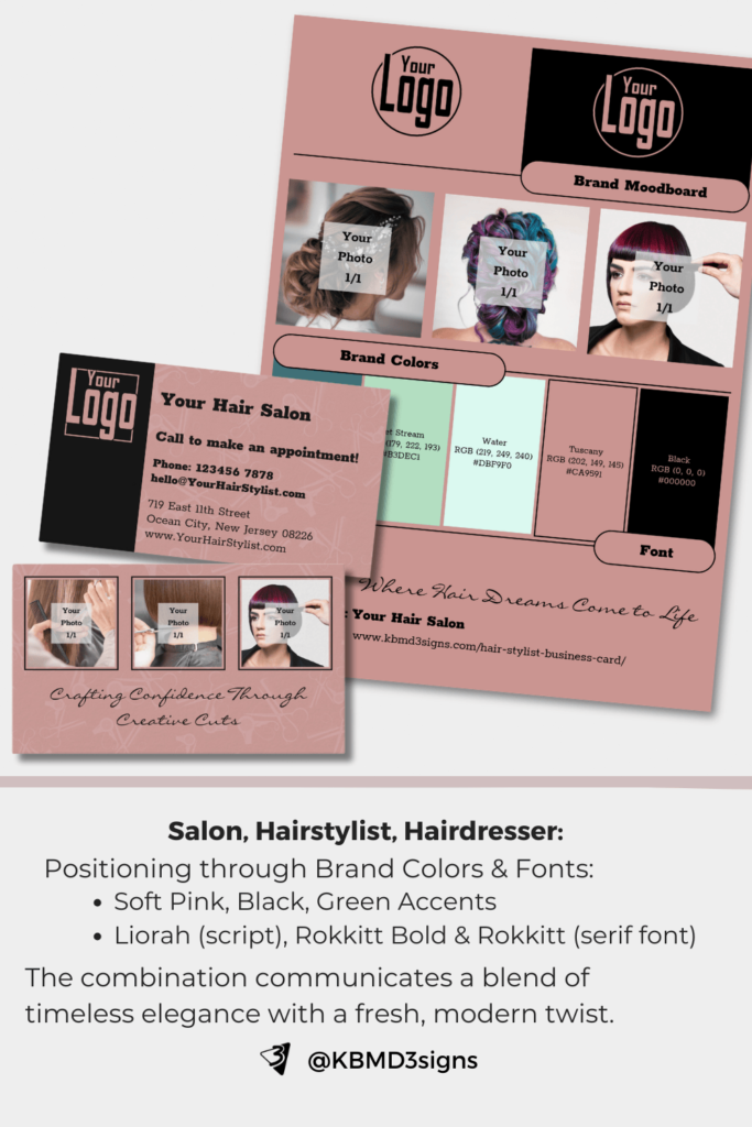 Salon, Hairstylist, Hairdresser: Brand style guide collage, Pink & Black