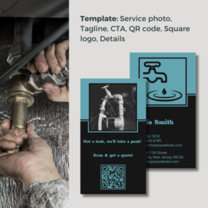 Blue Plumber Business Card, CTA, Tagline, Logo, QR code