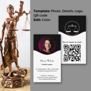 Black and White Lawyer Business Card with Purple Accents