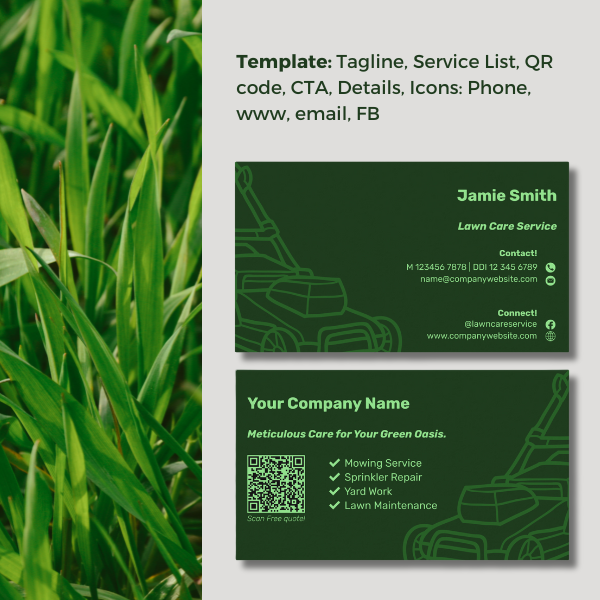 QR Code and Mower Outline Custom Dark Green Lawn Maintenance Green Business Card