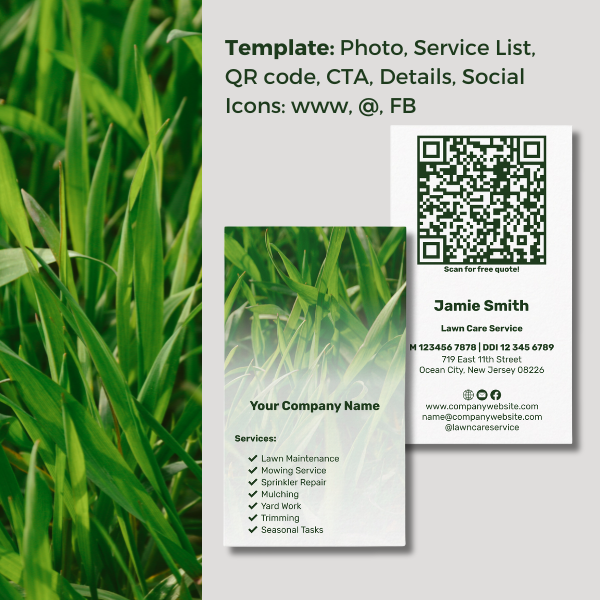 Grass Photo Business Card, Service List, QR code