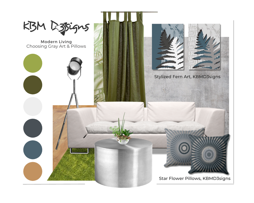 Mood Board Modern Living, Gray Fern Wall Art and Star Flower Pillows