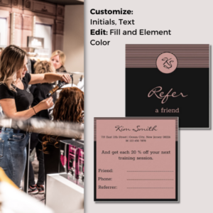Square Hairstylist Refer a Friend Card in Pink And Black With Custom Initials Logo