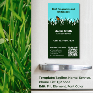 Professional Lawn Care Service Business Card Magnet, Green and Blue, Tagline, CTA Call! Phone Number, Service List