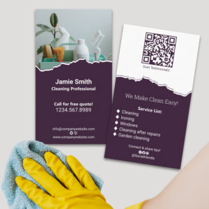 Professional House Cleaning Purple White Business Card with QR Code