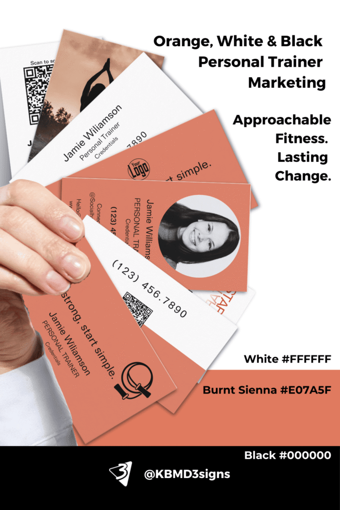  Warm. Supportive. Motivating. Orange and white brand color for fitness trainer business cards