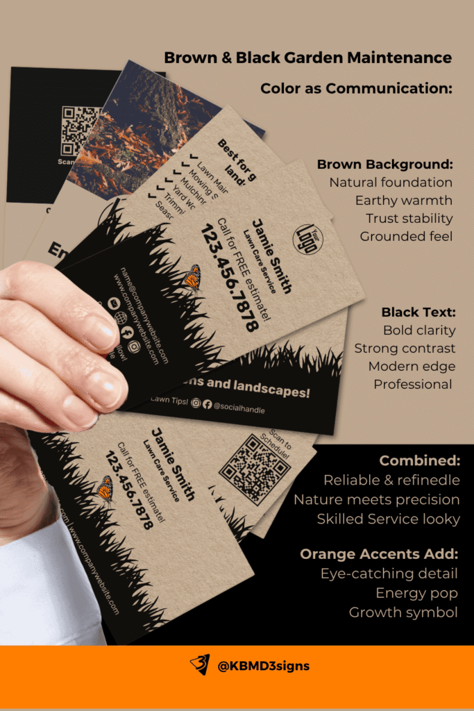 Brown and Black Lawn Care Business Card with Orange Accents