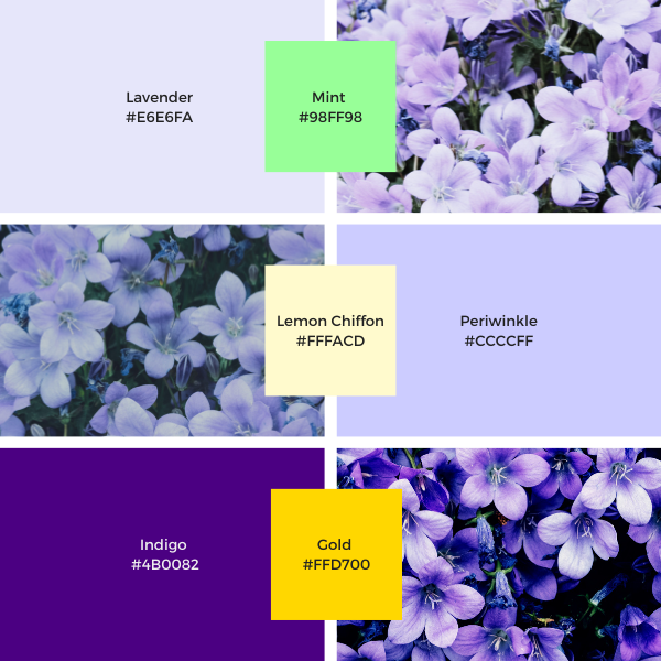 Cool purple color combinations: Lavender (#E6E6FA) & Mint (#98FF98); Periwinkle (#CCCCFF) & Lemon Chiffon (#FFFACD); Indigo (#4B0082) & Gold. (#FFD700).