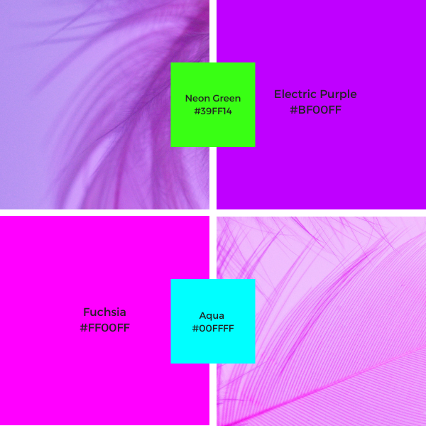 Bright purple color combinations: Electric Purple (#BF00FF) & Neon Green (#39FF14); Fuchsia (#FF00FF) & Aqua (#00FFFF).