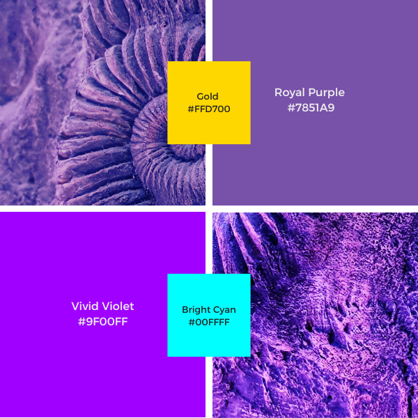 Saturated purple color combinations: Royal Purple (#7851A9) & Gold (#FFD700); Vivid Violet (#9F00FF) & Bright Cyan (#00FFFF).