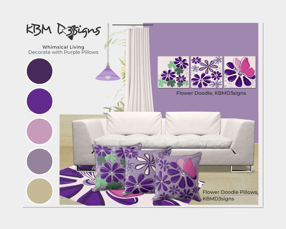 Purple throw pillows, Flower Doodle Pattern Whimsical Living Room Moodboard