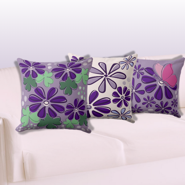 Set of Three Flower Doodle Patterned Pillows