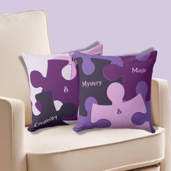 Pillows with Jigsaw Puzzle Pieces and Text
