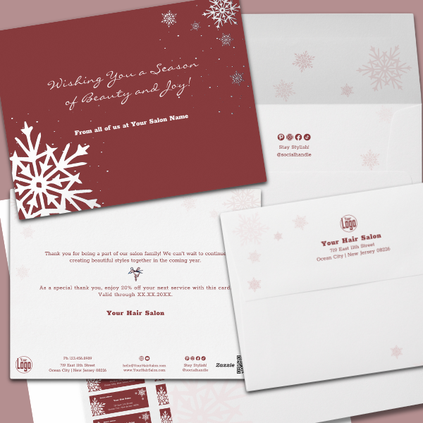 Business Holiday Cards, Burgundy & White, Snowflake Design