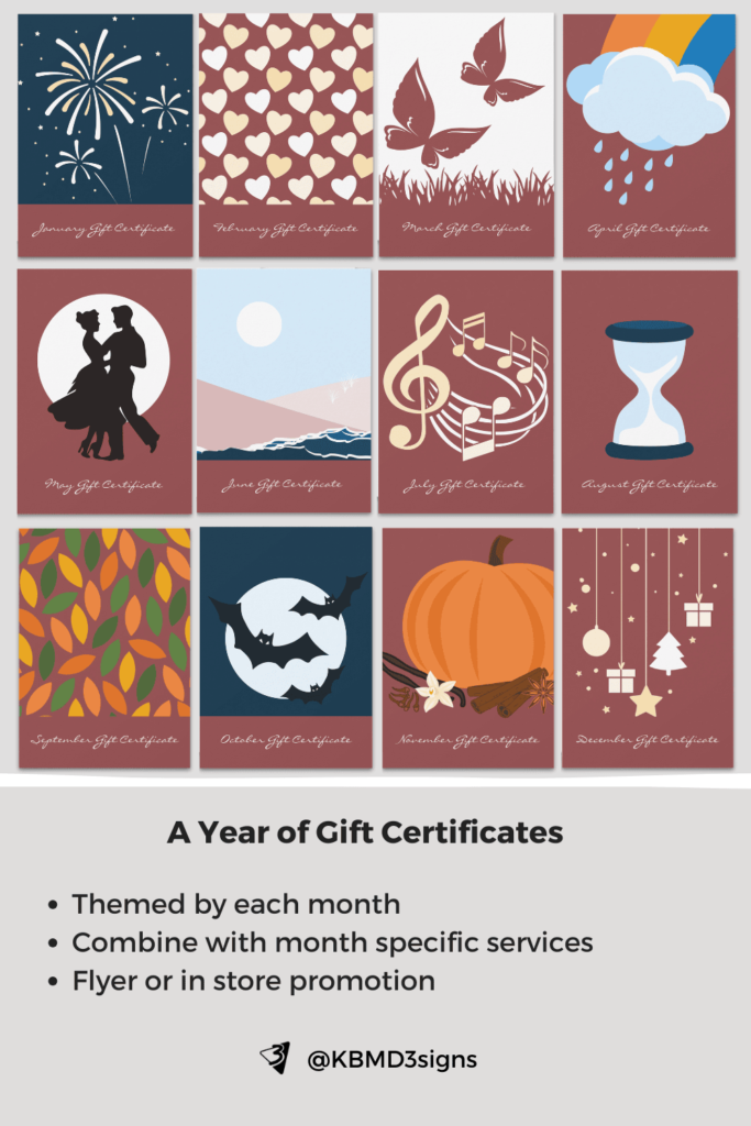 12 months themes of gift certificates