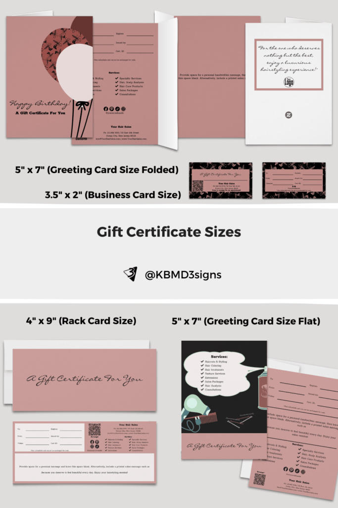 Gift Certificate sizes at KBM D3signs