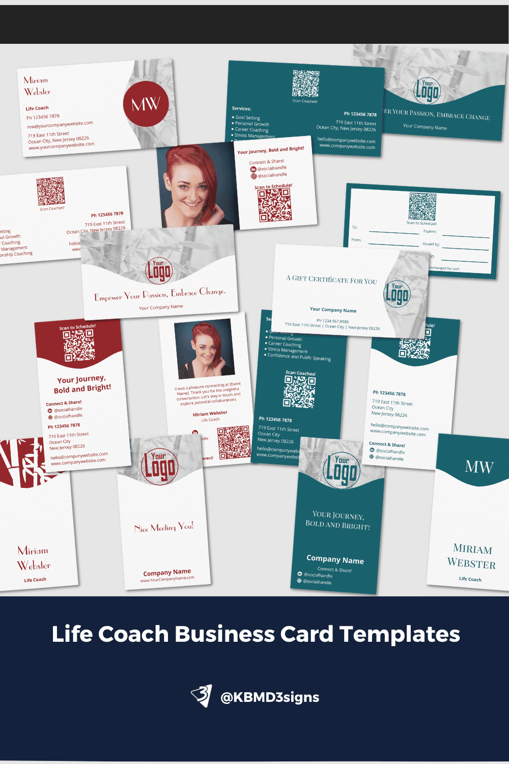 Assortment of life coach business cards—red & white and teal & white colorways—showing designs with initials, profile photo, logo, bamboo silhouette, and faded bamboo photography.