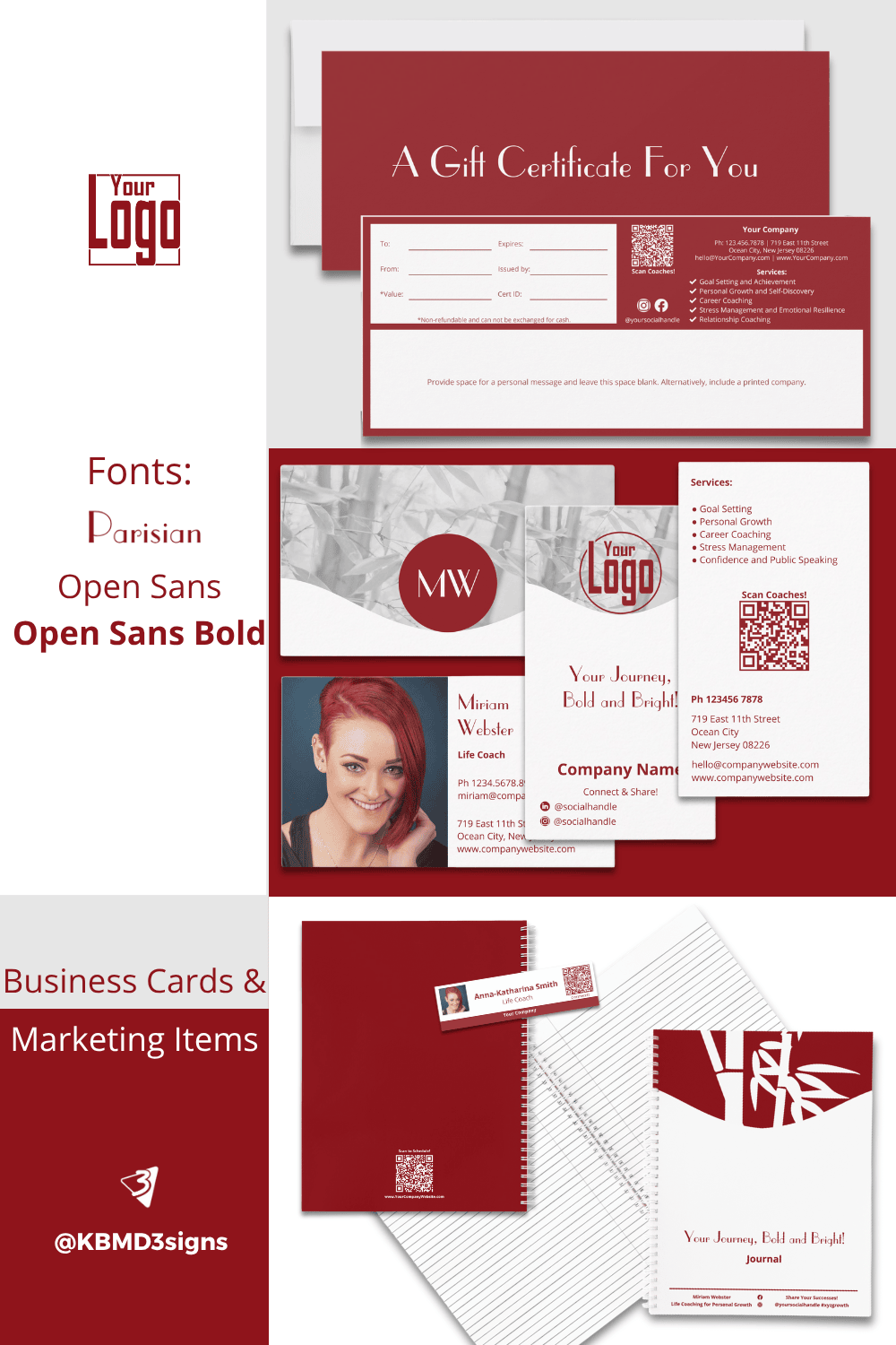 Red-focused branding style guide: color blocks #e6e6e6, #8f141b, #FFFFFF; typography: Parisian, Open Sans, Open Sans Bold; framed as a template for life coach branding.