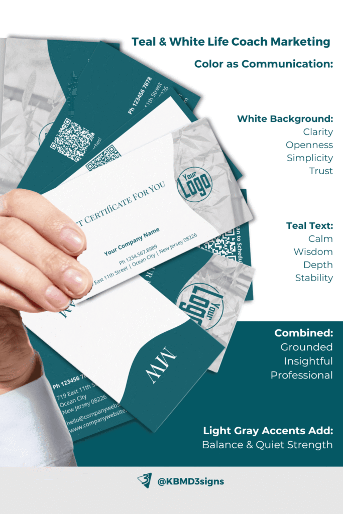 Hand holding fanned teal & white life coach cards; beside them, overlay text shows white for clarity/openess, teal for calm/depth, combined for grounded insights, and light gray for quiet strength.