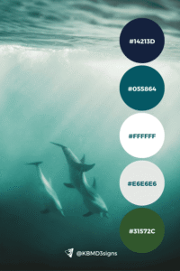 Underwater shot of three dolphins swimming together; palette #31572c, #ffffff, #e6e6e6, #055864, #14213d evoking harmony and natural flow.