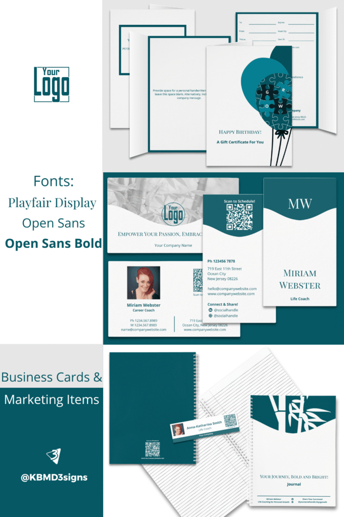 Teal-focused branding guide: color blocks #e6e6e6, #055864, #FFFFFF; fonts Playfair Display & Open Sans; shown with sample marketing pieces: gift certificate, landscape/portrait cards, journal, name tag.