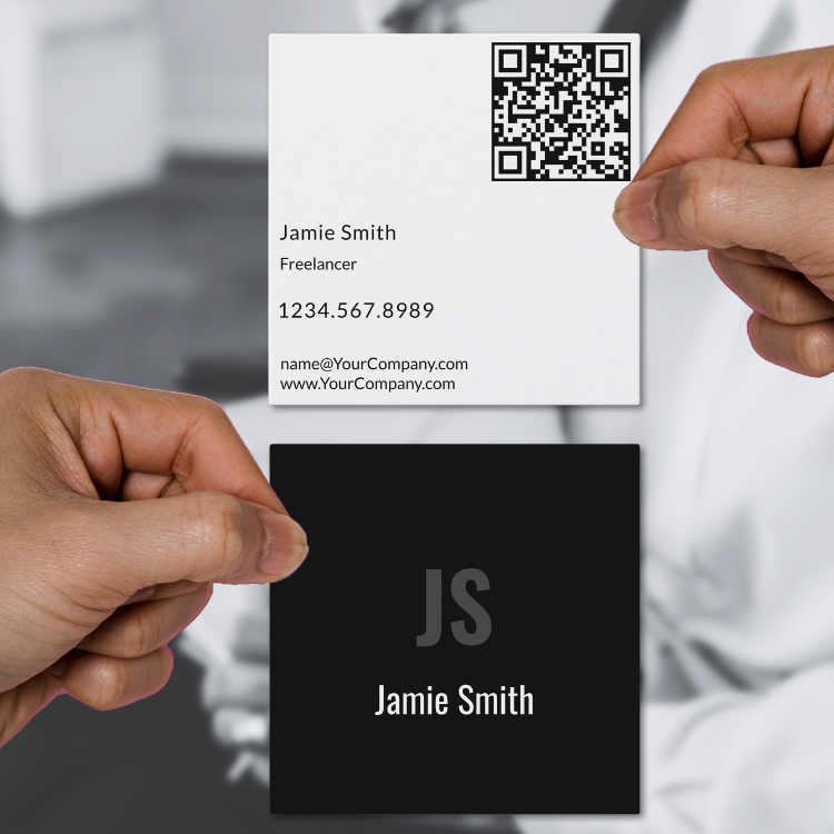 Square Business Card in Black & White with Initials & QR code