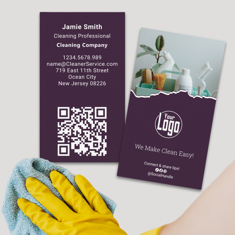 Scannable Cleaner Business Card, Professional Networking, Purple and White