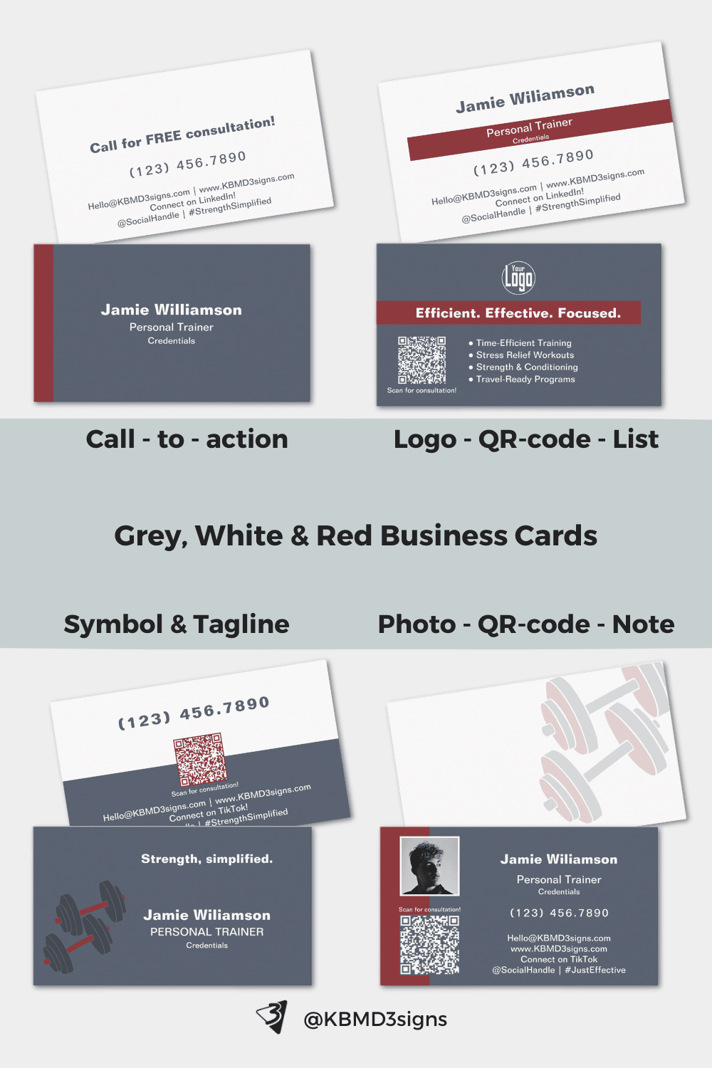 Four Gray Business Cards in landscape format with red accents: personal biz card, studio business card, business card with symbol, or profile photo and handwritten note