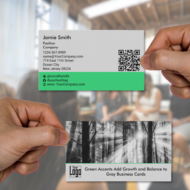 Green Accents on Gray Landscape Business Card with Logo & QR code