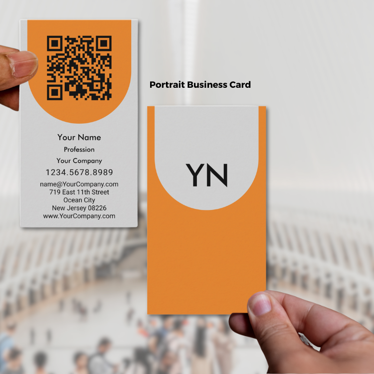 Portrait Gray Business Card with Orange Accents, QR code and Initials