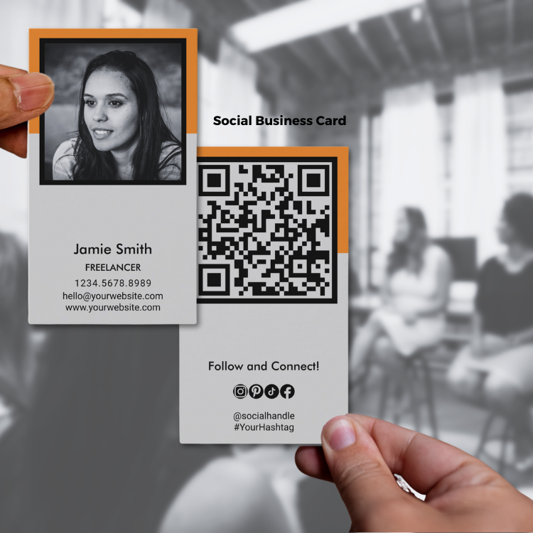 Orange Accents on Gray Portrait Business Card with Photo & QR-code