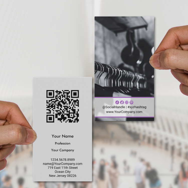 Purple Accents on Gray Portrait Business Card with Photo & QR-code