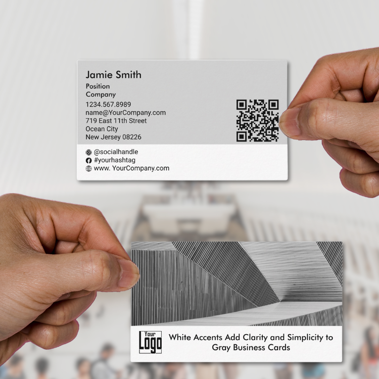 White Accents on Gray Landscape Business Card with Logo & QR code