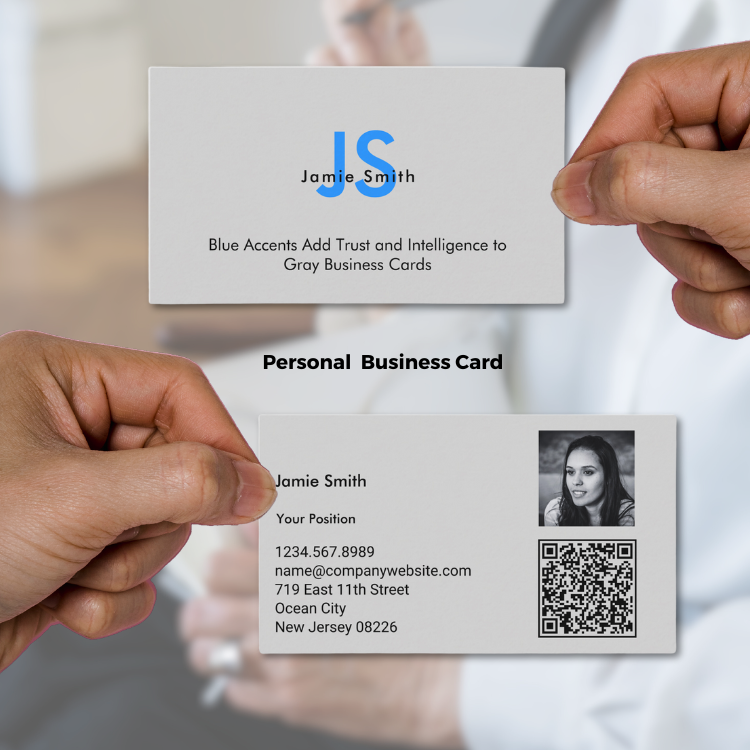 Gray Business Card with Initials, a Design With Blue Accents