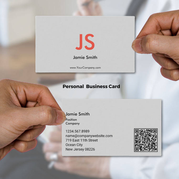 Gray Business Card with Initials, a Design With Red Accents