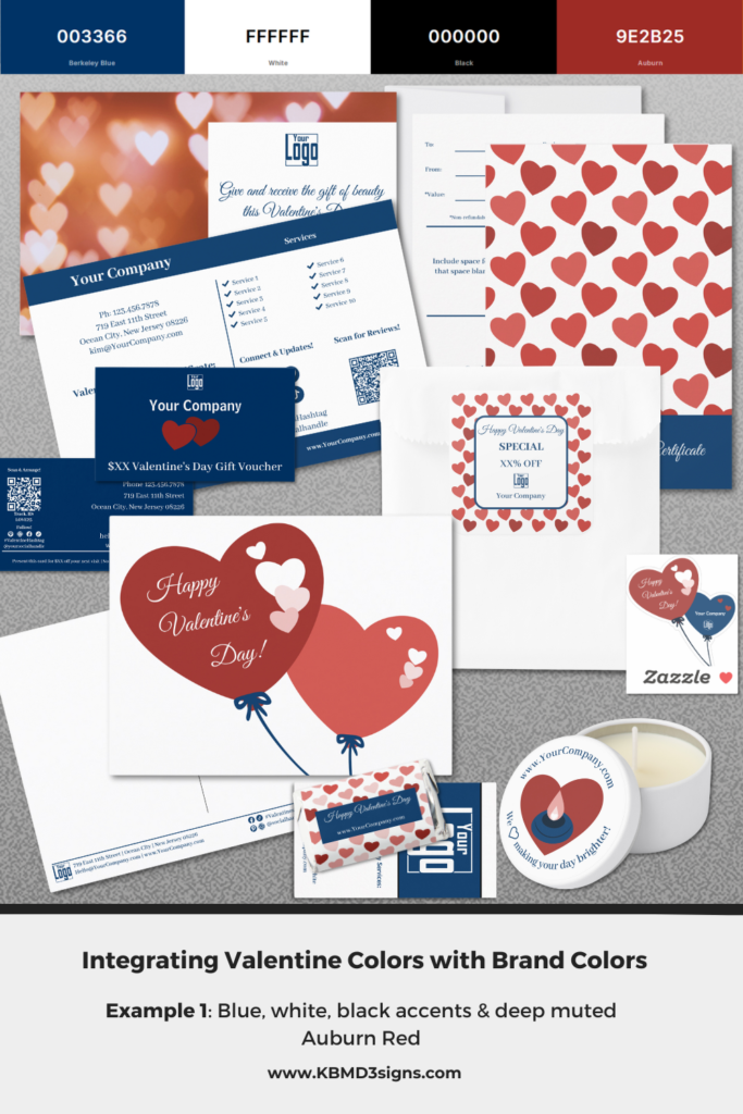 Integrating Valentine Colors with Brand Colors: Blue, White with Black Accents and Auburn Red