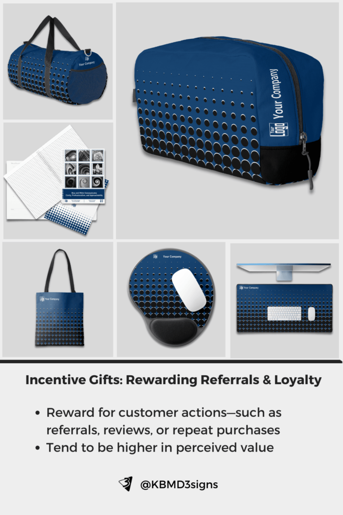 Incentive Gifts: rewarding Referrals & Loyalty in Blue, White, Black