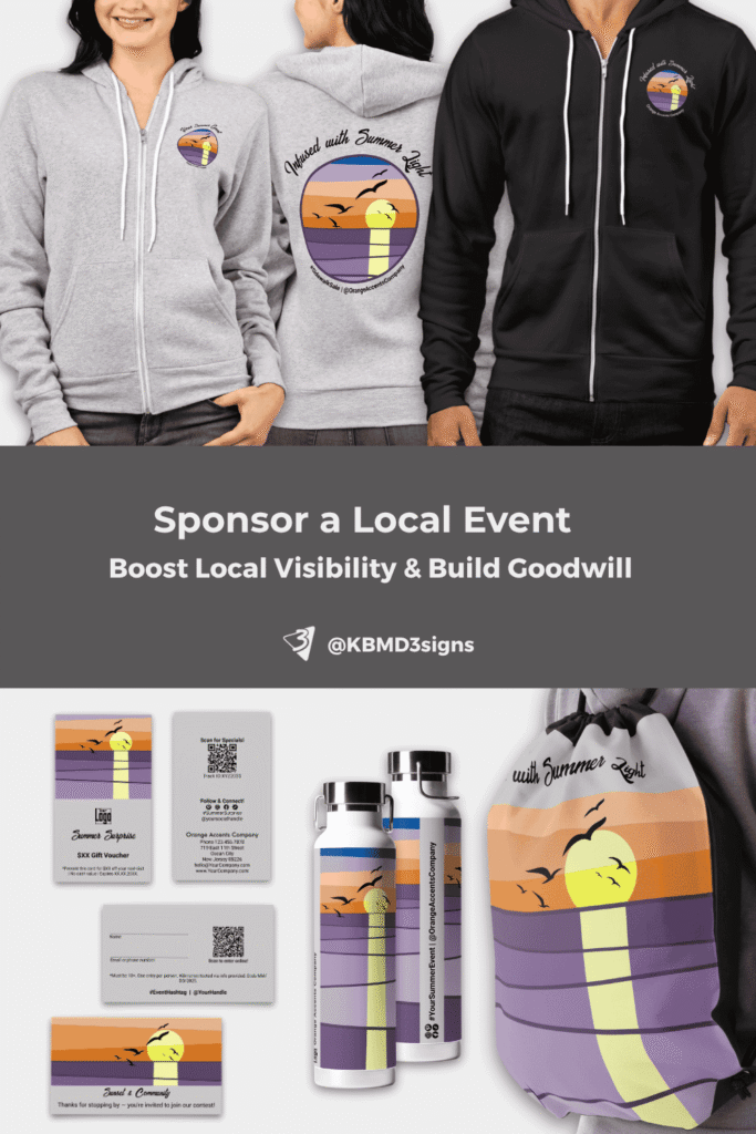 Sponsoring a local event? Custom-branded hoodies, raffle entries, and giveaway items help your small business show support—and get noticed.