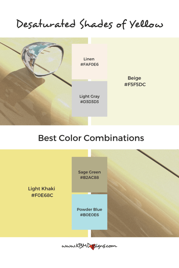 Desaturated Shades of Yellow Color Palette and Best Color Combinations: Beige #F5F5DC & Linen #FAF0E6, Light Gray #D3D3D3; Light Khaki #F0E68C & Sage Green #B2AC88, Powder Blue #B0E0E6