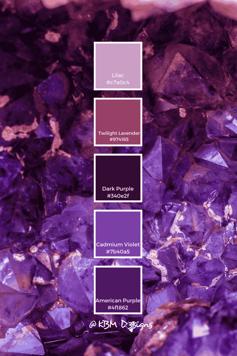 Amethyst Purple Color Palette with five hues and their #Hex codes: #Lilac #c7a0c4, Twilight lavender #974165, Dark Purple #340e2f, Cadmium Violet #7b40a5, American Purple #4f1862