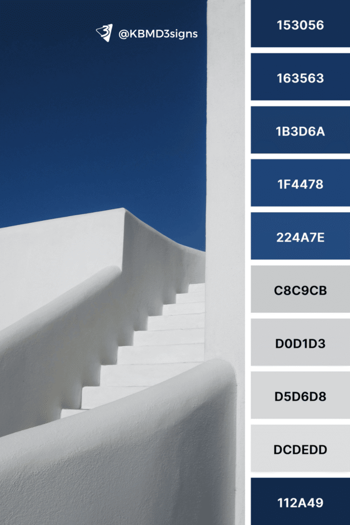 Greek Architectural Staircase Detail, Blue and White Color Palette Collage with #Hex Codes