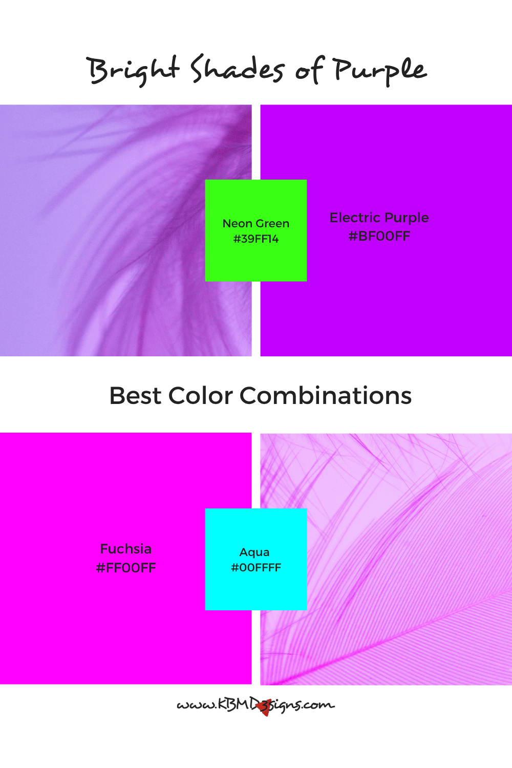 Bright purple color combinations: Electric Purple (#BF00FF) & Neon Green (#39FF14); Fuchsia (#FF00FF) & Aqua (#00FFFF).