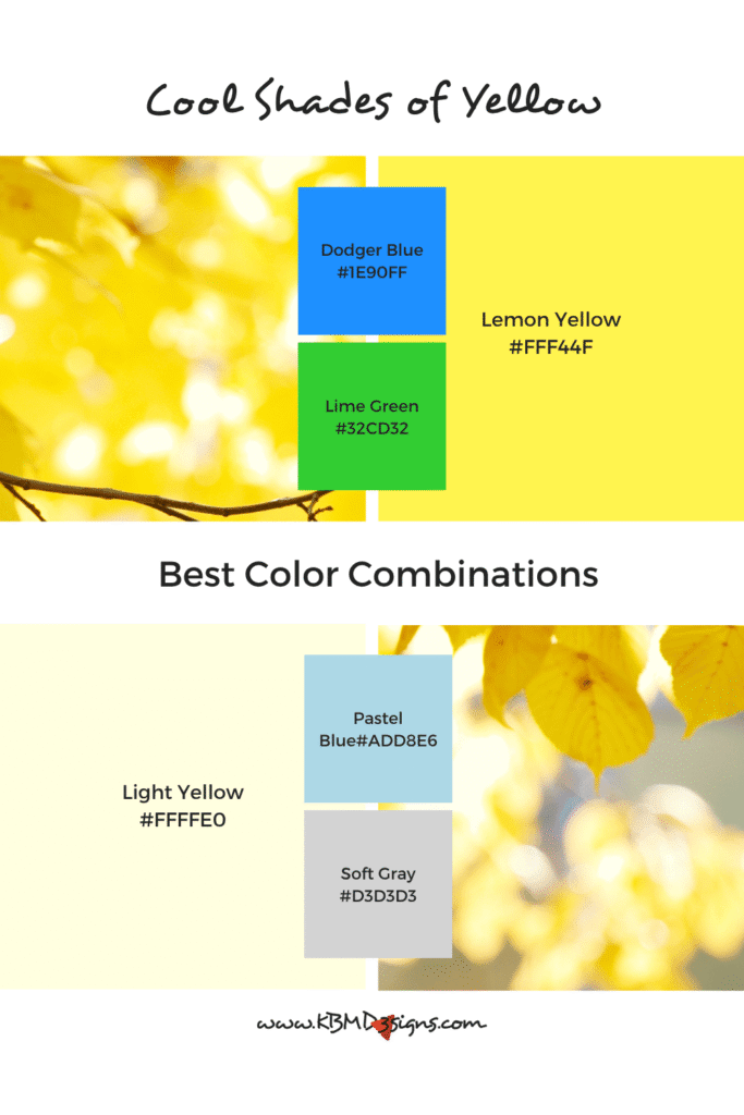 Cool Shades of Yellow Color Palette and Best Color Combinations: Lemon Yellow #FFF44F & Dodger Blue #1E90FF, Lime Green #32CD32; Light Yellow #FFFFE0 & Pastel Blue #ADD8E6, Soft Gray #D3D3D3