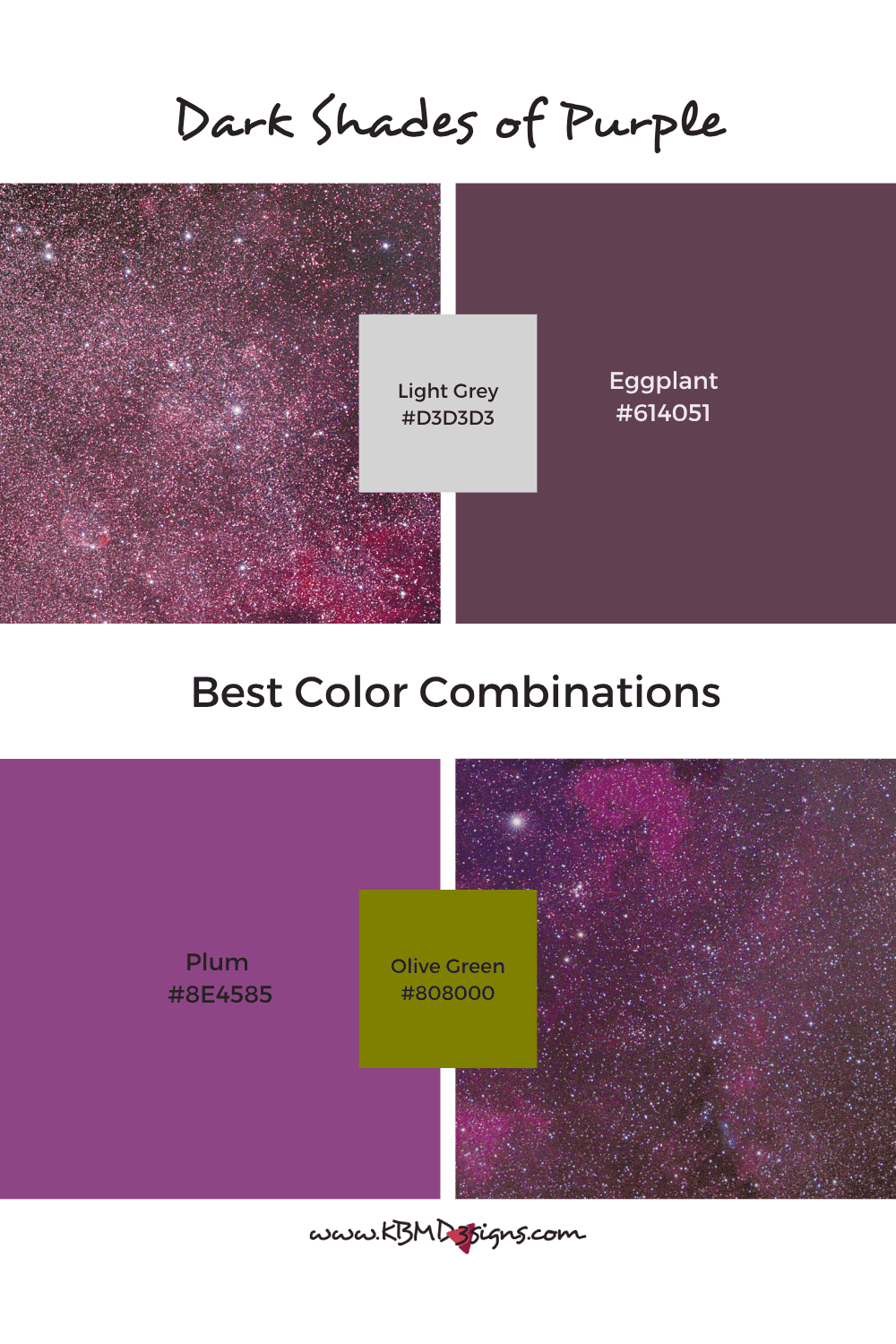 Dark purple color combinations: Eggplant (#614051) &Light Grey (#D3D3D3); Plum (#8E4585) & Olive Green (#808000).