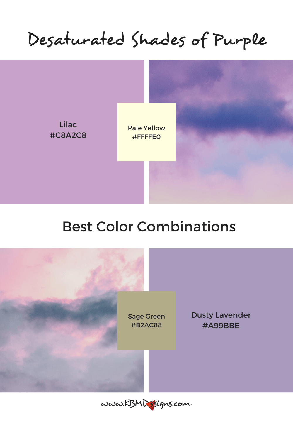Desaturated purple color combinations: Lilac (#C8A2C8) & Pale Yellow (#FFFFE0); Dusty Lavender (#A99BBE) & Sage Green (#B2AC88).
