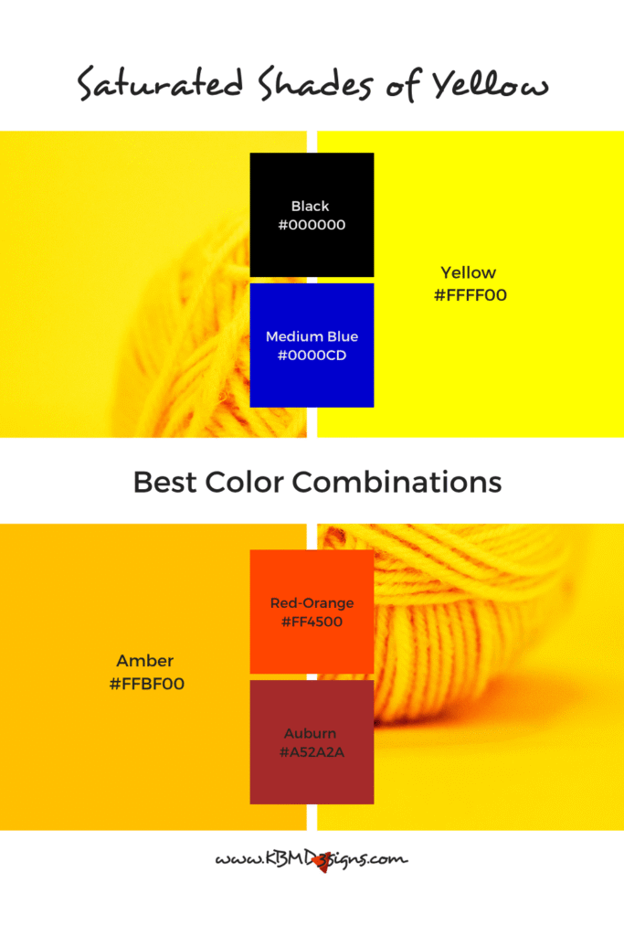 Saturated Shades of Yellow Color Palette and Best Color Combinations: Yellow #FFFF00 & Black #000000, Medium Blue #0000CD; Amber #FFBF00: Red-Orange #FF4500 & Auburn #A52A2A